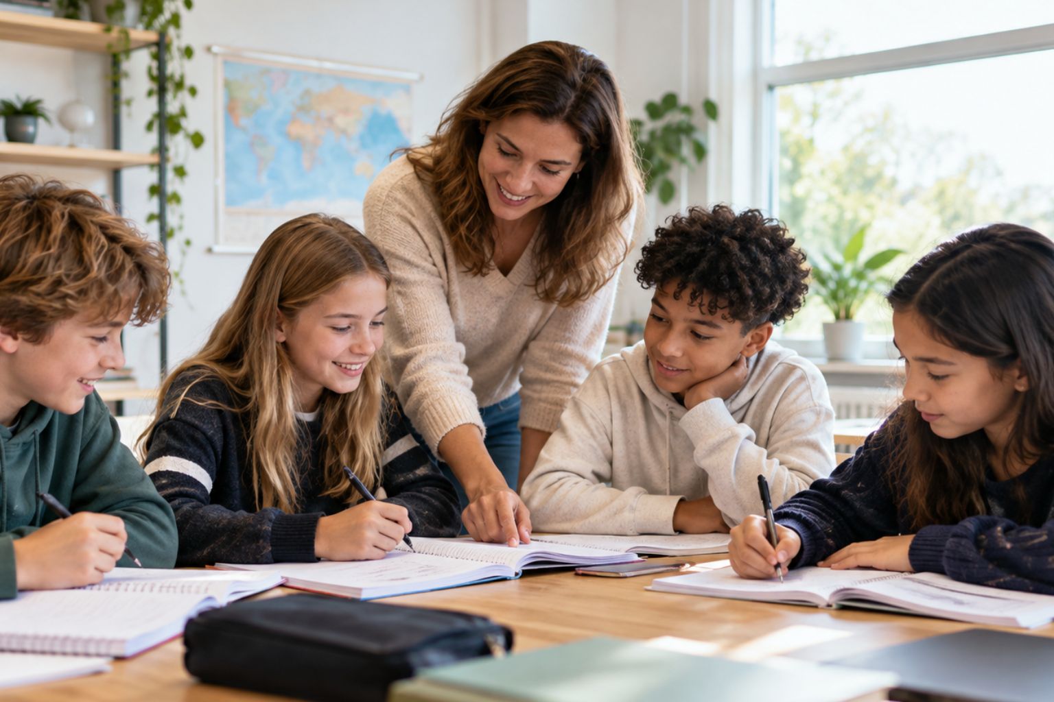 Leerlingen werken in een kleine groep aan hun schoolopdrachten