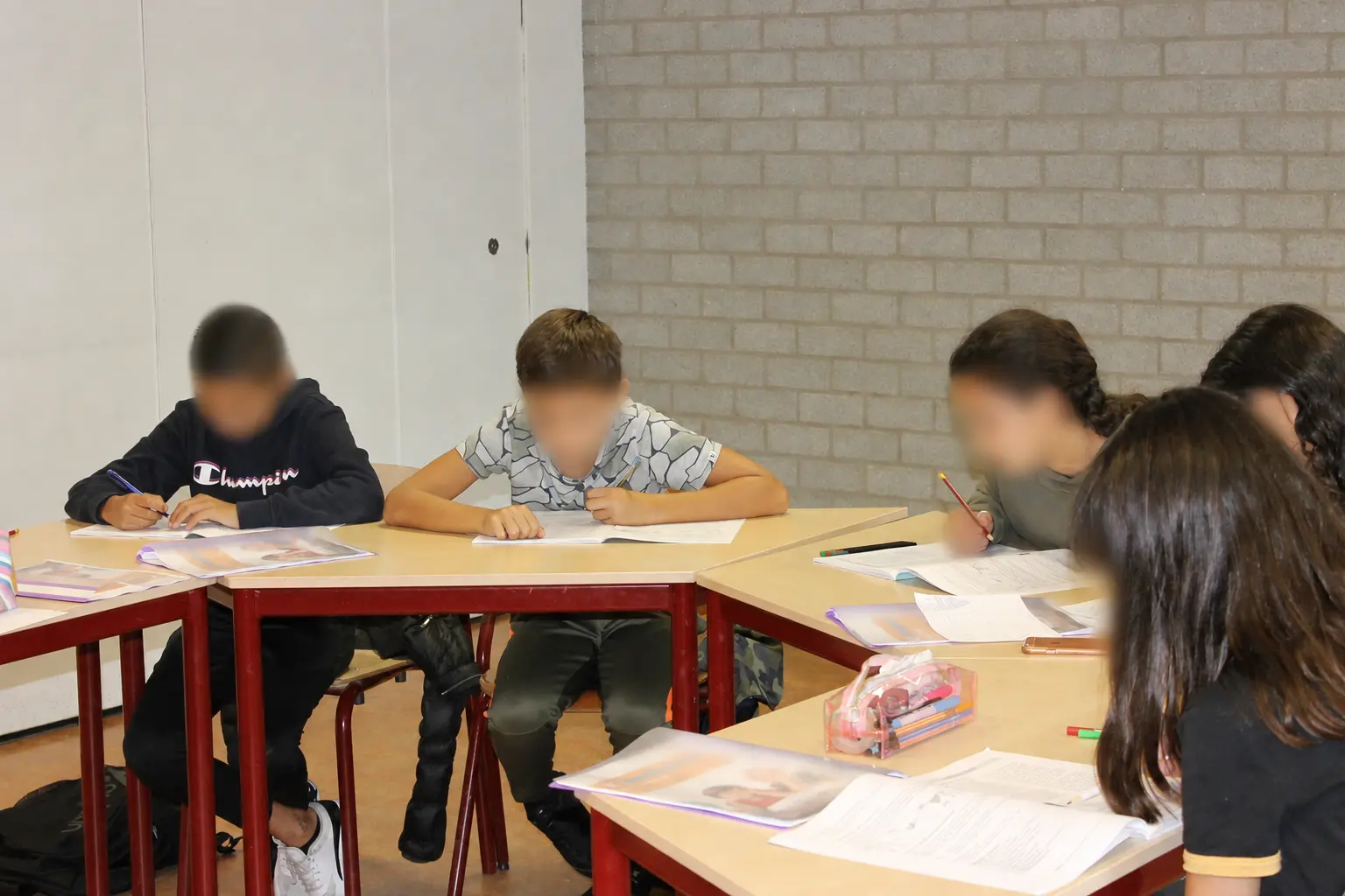 Leerlingen oefenen gezamenlijk met lesmateriaal en toetsen